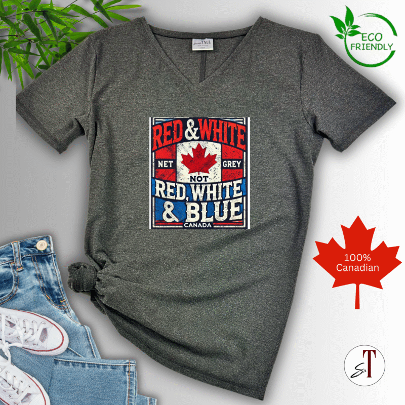 Eco-friendly Canadian t-shirt with red maple leaf design.