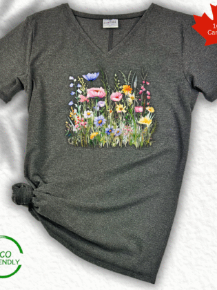 Eco-friendly floral shirt, Canadian-made product.