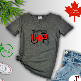 Eco-friendly Canadian t-shirt with 'Elbows Up' text.