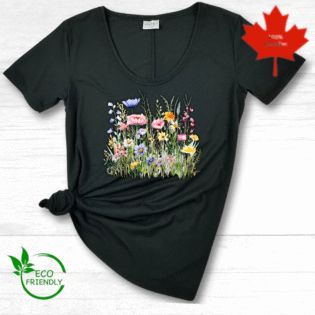 Eco-friendly black t-shirt with colourful wildflowers print.