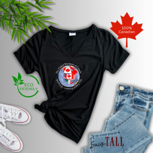 Black Canadian eco-friendly T-shirt with jeans and shoes.