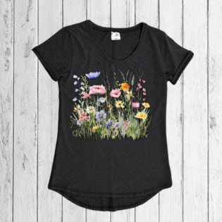 Black t-shirt with colourful floral design