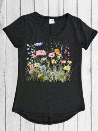 Black t-shirt with colourful floral design