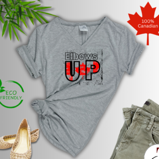 Eco-friendly Canadian t-shirt with Elbows Up design.