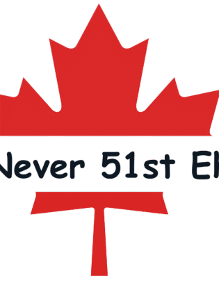 Red maple leaf with 'Never 51st Eh' text.
