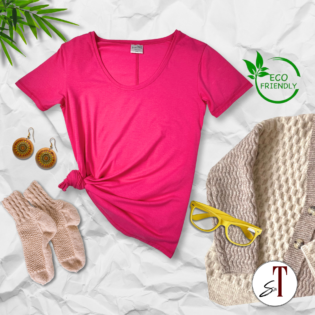 Eco-friendly pink shirt with knitted accessories display.