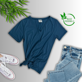 Eco-friendly outfit: blue shirt, jeans, sneakers.