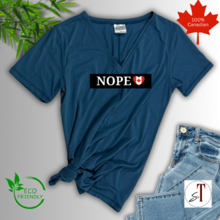 Blue Canadian t-shirt with 'NOPE' design, eco-friendly.