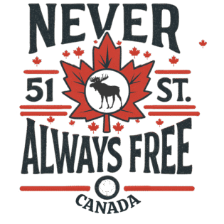 Canadian maple leaf with text: Never 51st, Always Free.