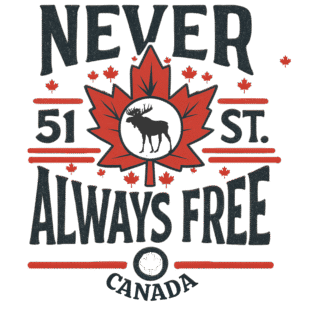 Canadian maple leaf with text: Never 51st, Always Free.