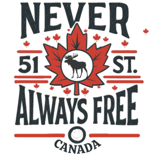 Canadian maple leaf with text: Never 51st, Always Free.