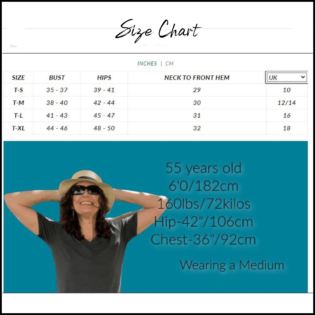 Clothing size chart with model's measurements